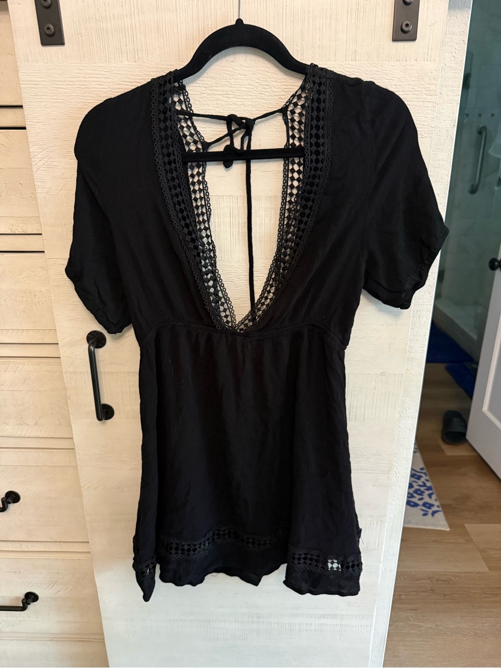 C&C California Black Crochet-Trim V-Neck Dress/Beach Coverup